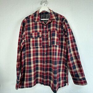Wrangler ATG Mens Large Plaid Button Up Shirt Organic Cotton Elbow Patch Red